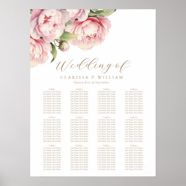 Elegante Blush Bloral Gold Weiße Hochzeitssitze Poster (Vorne)