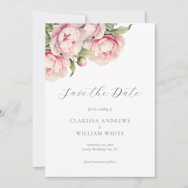 Elegante Blush Bloral Weiß Moderne Hochzeit Save The Date (Vorderseite)