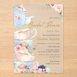 Elegante Blush-Blumen-High-Tea-Party-Brautdusche Acryleinladungen