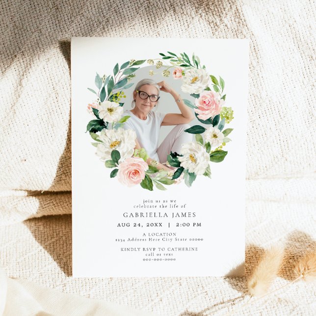 Elegante Blush Blumenfeier zum Leben Beerdigung Einladung (Von Creator hochgeladen)