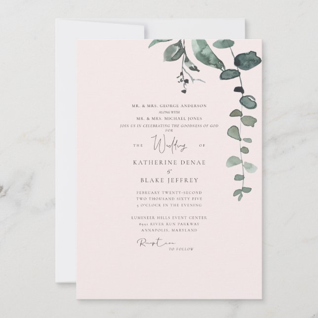 Elegante Blush Botanical Foliage Hochzeit Einladung (Vorderseite)
