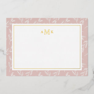 Elegante Blush Botanischer Mit Monogramm Foil Note Folien Feiertagskarte