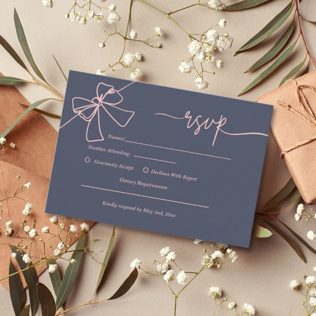 Elegante Blush Bow Slate Blue Wedding Response Car RSVP Karte (Von Creator hochgeladen)