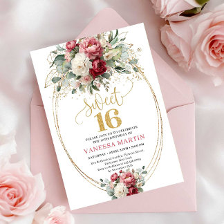 Elegante Blush-Burgunder-Grün Sweet 16 Geburtstag Einladung