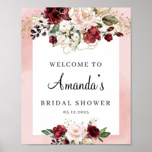 Elegante Blush burgunderrote boho-blumige Hochzeit Poster