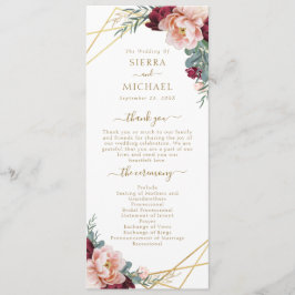 Elegante Blush Burgundy Floral Gold Wedding Programm