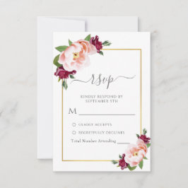 Elegante Blush Burgundy Gold Floral Wedding RSVP Karte