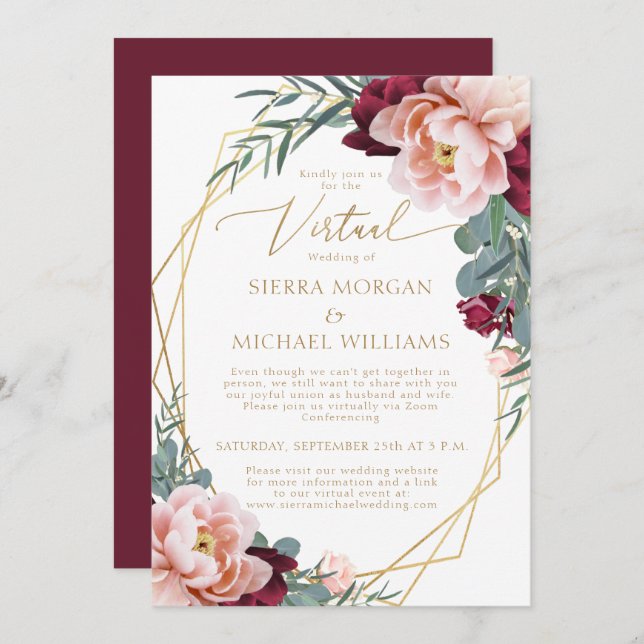 Elegante Blush Burgundy Gold Virtual Wedding Einladung (Vorne/Hinten)