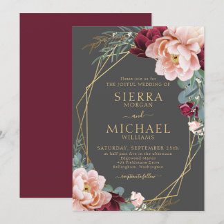Elegante Blush Burgundy Gray Gold Peony Wedding Einladung
