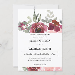 ELEGANTE BLUSH BURGUNDY ROSE FLORAL WEDING INVITE DANKESKARTE