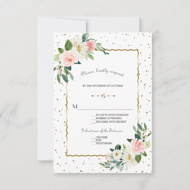 Elegante Blush Cream Blume Gold Glitzer Hochzeit RSVP Karte (Vorderseite)