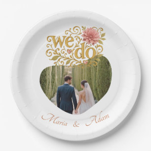 Elegante Blush Dahlien Golden Script Hochzeitsfoto Pappteller