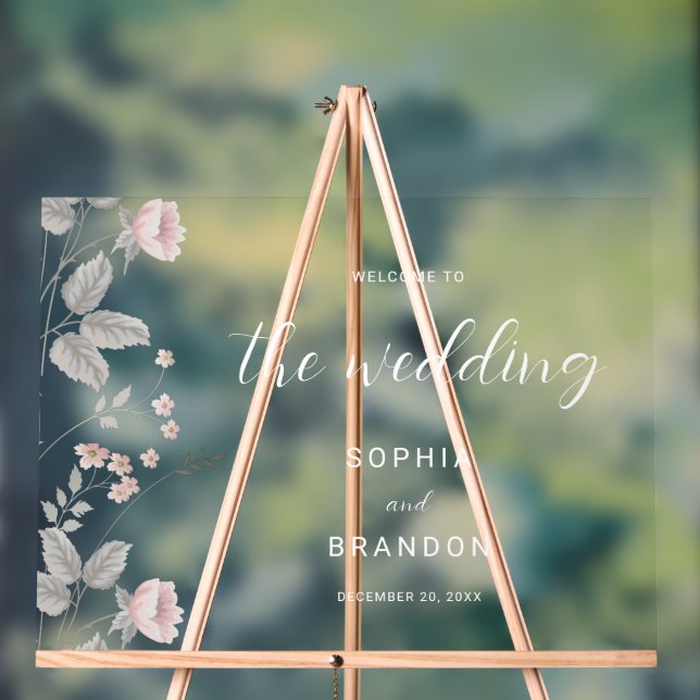 Elegante Blush Dark Gray Floral Wedding Willkommen Acrylschild (Neutral)