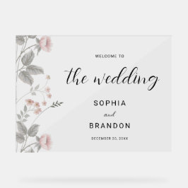 Elegante Blush Dark Gray Floral Wedding Willkommen Acrylschild