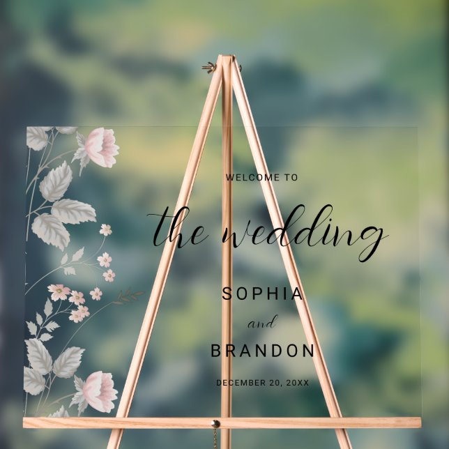 Elegante Blush Dark Gray Floral Wedding Willkommen Acrylschild (Neutral)