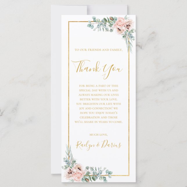 Elegante Blush Floral 4x9 Danke Empfang Card (Vorderseite)