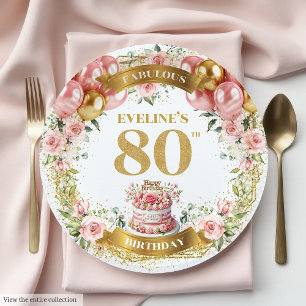 Elegante Blush Floral 80. Geburtstagspapier-Teller Pappteller