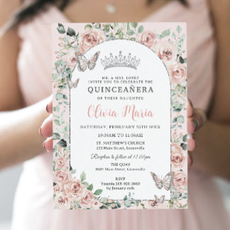 Elegante Blush Floral Butterflies Arch Quinceañera Einladung