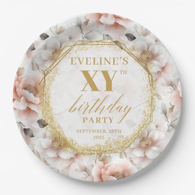 Elegante Blush Floral Geburtstagsparty Teller (Vorderseite)