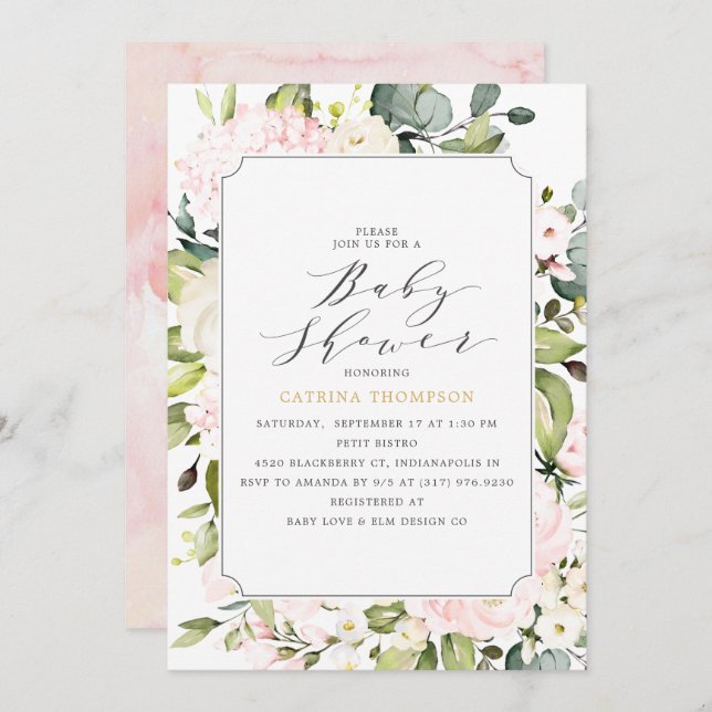 Elegante Blush Floral und Eucalyptus Baby Shower Einladung (Vorne/Hinten)