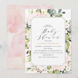 Elegante Blush Floral und Eucalyptus Baby Shower Einladung