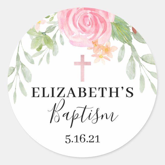 Elegante Blush Floral Watercolor Taufe Runder Aufkleber (Vorderseite)