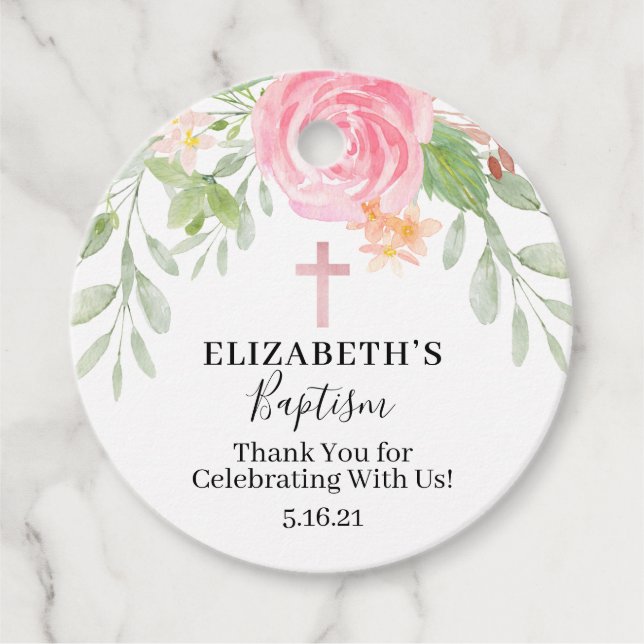 Elegante Blush Floral Watercolor Taufmarke Geschenkanhänger (Vorderseite)