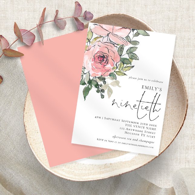 Elegante Blush Florals Ninetieth Birthday Party Einladung (Von Creator hochgeladen)