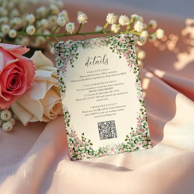 Elegante Blush-Gartenhochzeitsdetails mit QR-Code Begleitkarte (Von Creator hochgeladen)