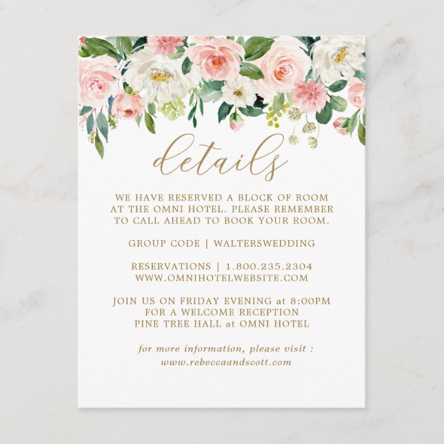 Elegante Blush Gold Floral Wedding Details Cards Begleitkarte (Vorderseite)