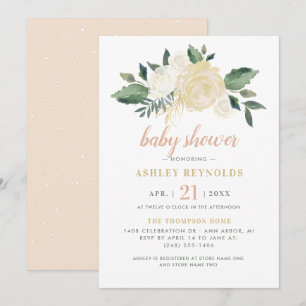 Elegante Blush Gold Green Floral Girl Babydusche Einladung