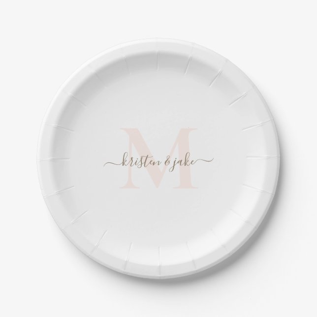 Elegante Blush & Gold Monogram Swash Wedding Pappteller (Vorderseite)