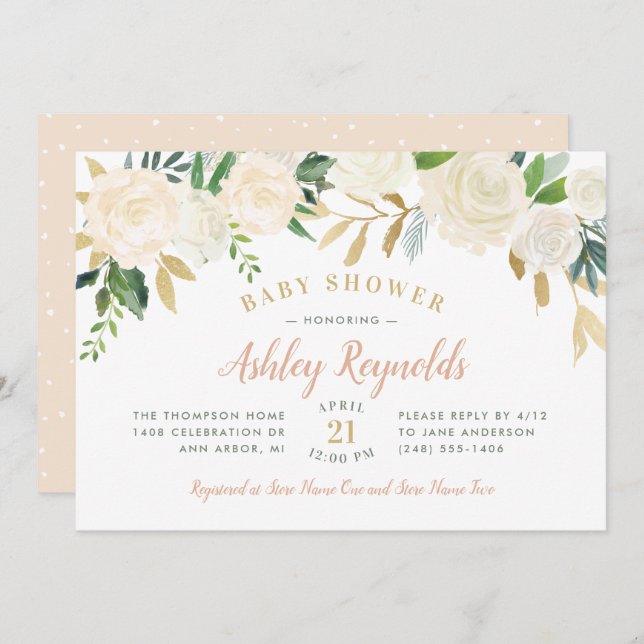 Elegante Blush Gold und grüne Blumen Baby Dusche Einladung (Vorne/Hinten)