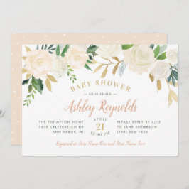 Elegante Blush Gold und grüne Blumen Baby Dusche Einladung