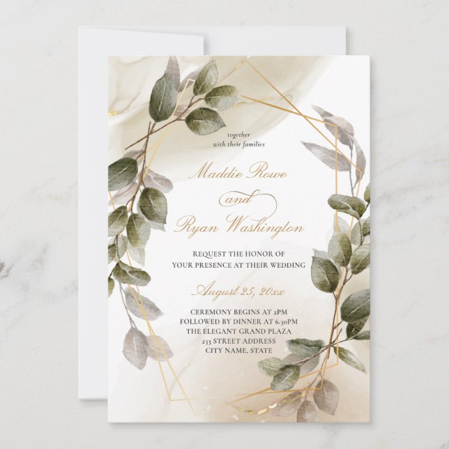 Elegante Blush Green & Gold Foliage Hochzeit Einladung (Vorderseite)