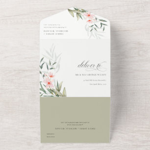 Elegante Blush Hochzeit mit grüner floraler Note All In One Einladung