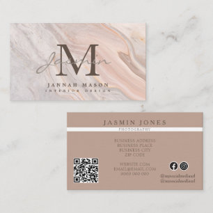 Elegante Blush-Marmor-Monogramm-QR-Code Visitenkarte