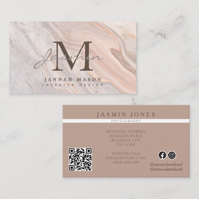 Elegante Blush-Marmor-Monogramm-QR-Code Visitenkarte (Vorne/Hinten)