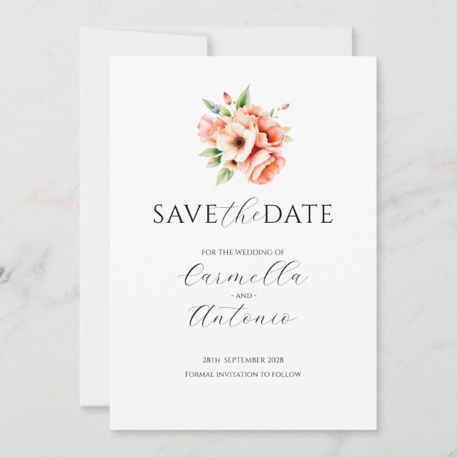 Elegante Blush Peach Floral Flat Save the Date Kar (Vorderseite)