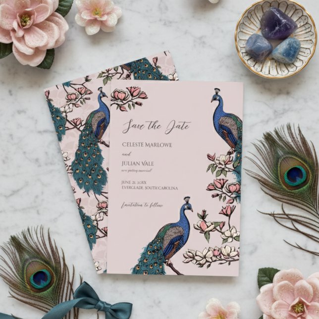 Elegante Blush Peacock Wedding Save The Date (Pink Peacock Save the Dates for Modern Bird Wedding. Vintage Floral Peacock Chinoiserie Engagement )