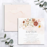 Elegante Blush Pink Aquarell Florenz Girl Taufe Einladung<br><div class="desc">Moderne, elegante quadratische Taufe mit einem Blumenstrauß von sanften, wasserfarbenen Rose in den Farbtönen Rosa, Gelb, Terrakotta, Weiß und Brennosiena, mit blassneutralen botanischen Blätter. Personalisieren Sie die Details in weichem Offschwarz, betont durch schöne moderne handgeschriebene Kalligraphie. Die Rückseite der Karte weist eine weiche, blaue Aquarellstruktur auf. Copyright Elegant Invites by...</div>