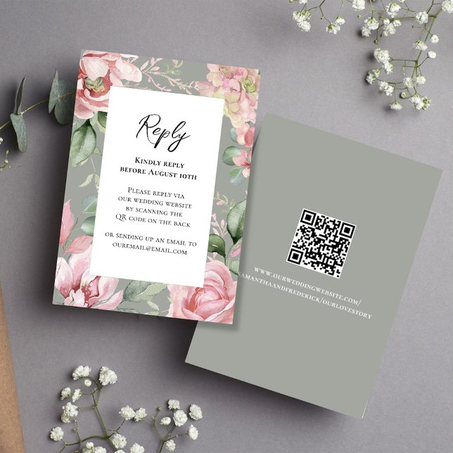 Elegante Blush Pink Bläserne Hochzeit RSVP Karte (Elegant blush pink rsvp card with scannable QR code. )