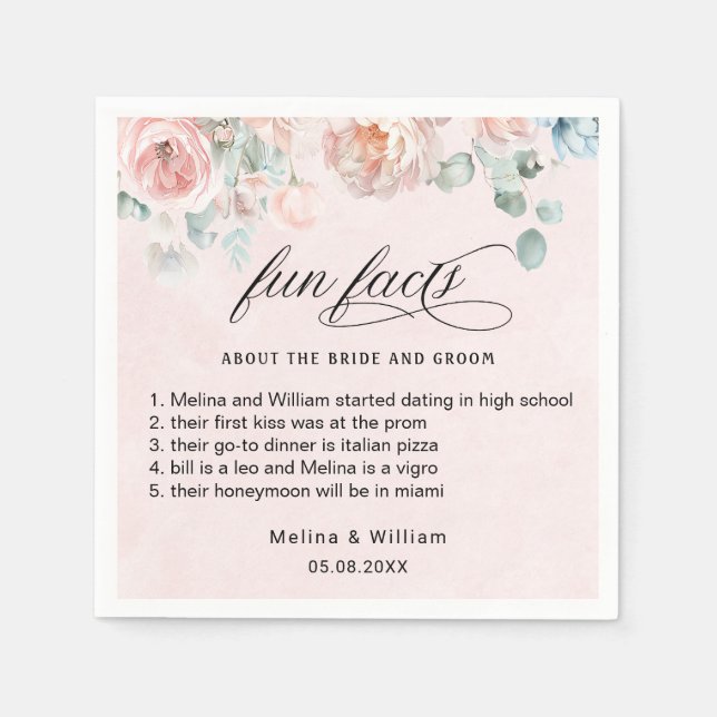 Elegante Blush Pink Bläserner Spaß Fakten Hochzeit Serviette (Vorderseite)