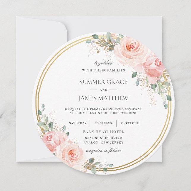 Elegante Blush Pink Blues Gold Circle Wedding Einladung (Vorderseite)
