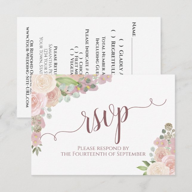 Elegante Blush Pink Blumenkalligrafie Hochzeit RSVP Karte (Vorne/Hinten)