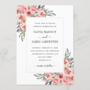 Elegante Blush Pink Blütenblume Wasserfarbenhochze Einladung