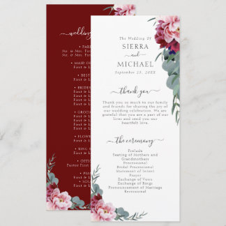 Elegante Blush Pink Burgundy Bloral Foliage Hochze Programm
