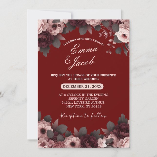Elegante Blush Pink Burgundy Boho Floral Wedding Einladung (Vorderseite)