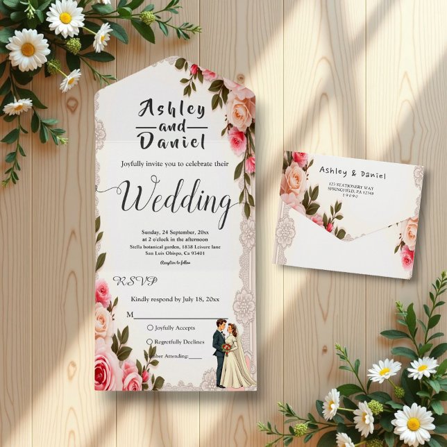 Elegante Blush Pink Couple Summer Floral Wedding All In One Einladung (Von Creator hochgeladen)