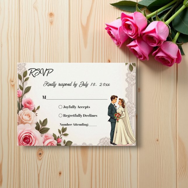 Elegante Blush Pink Couple Summer Floral Wedding RSVP Karte (Von Creator hochgeladen)